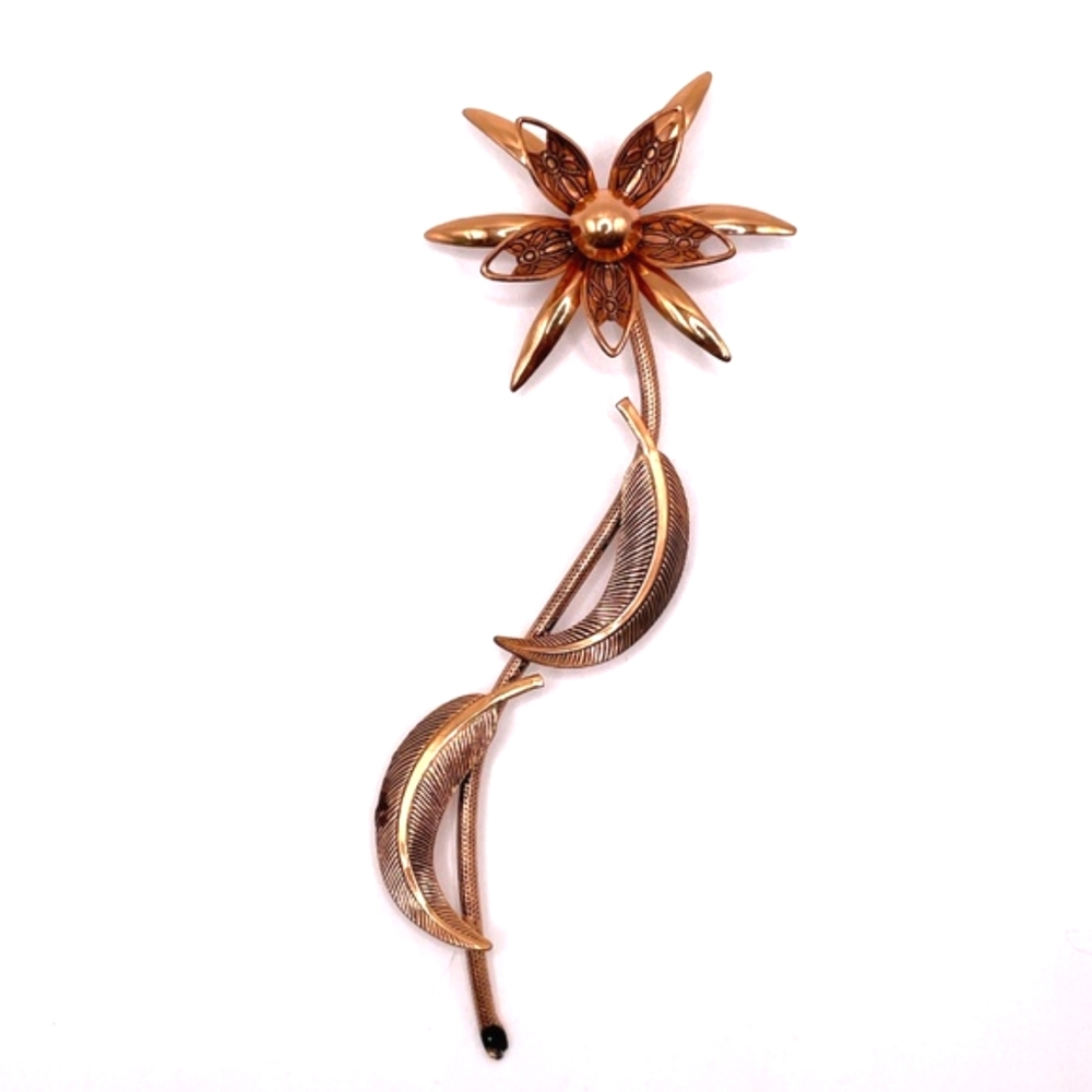 Vintage Copper Long Stem Flower Pin Brooch